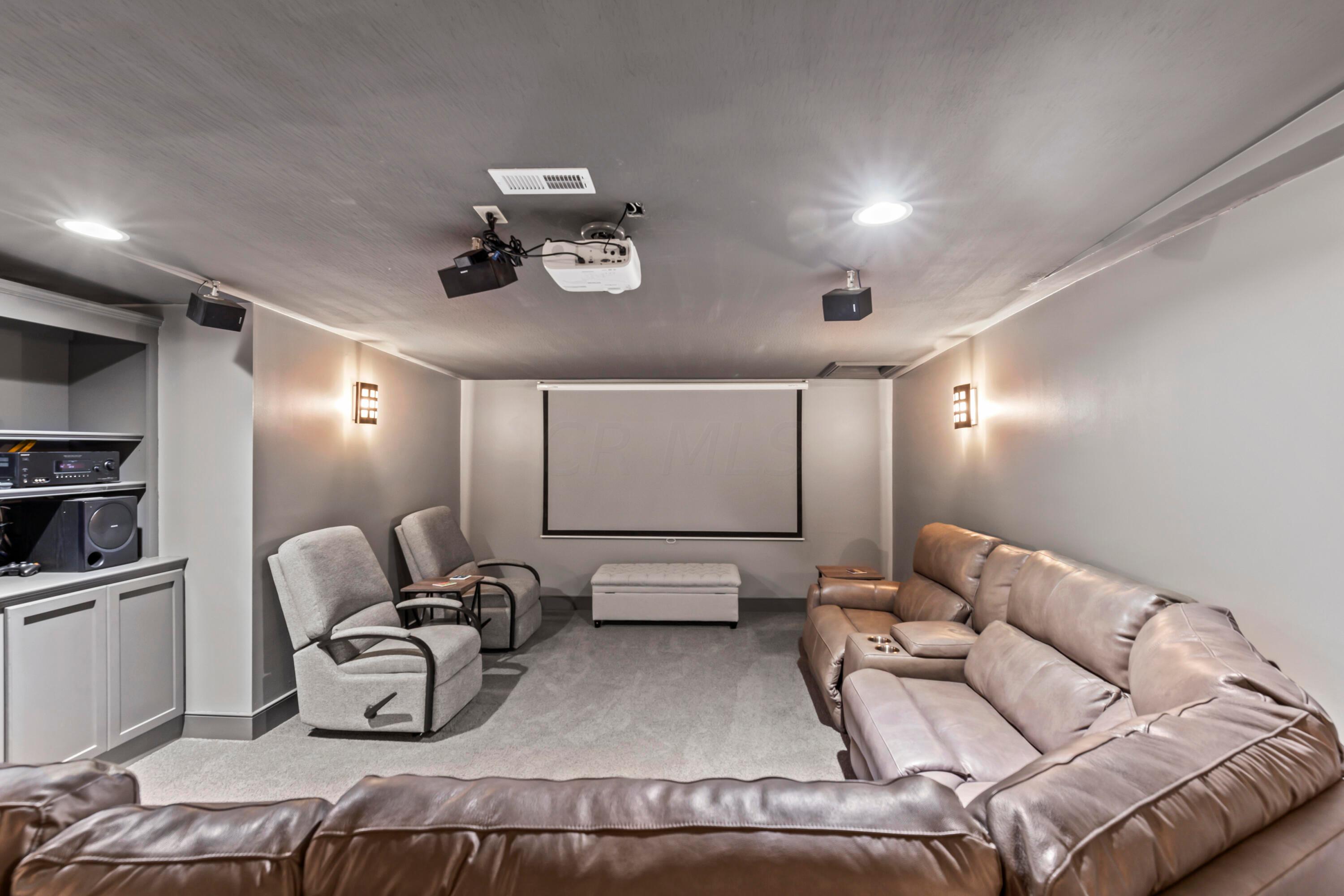 6043 Dublin Road Delaware, OH 43015 - Photo 44 of 98 • Grey carpet
• Grey painted walls
• Platform
• Screen & projector remain
• Wall shelves
• Built-in cabinet
• Seating does not remain
• Speakers remain
• French doors to Recreation
Room #1