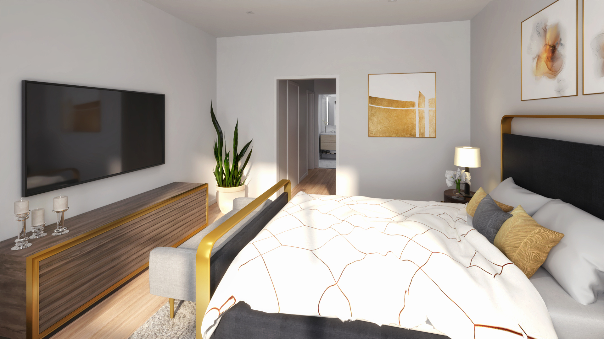 1400 West Monroe Street, Unit 5D Chicago, IL 60607 - Photo 11 of 17 a bedroom with a bed and a flat screen tv