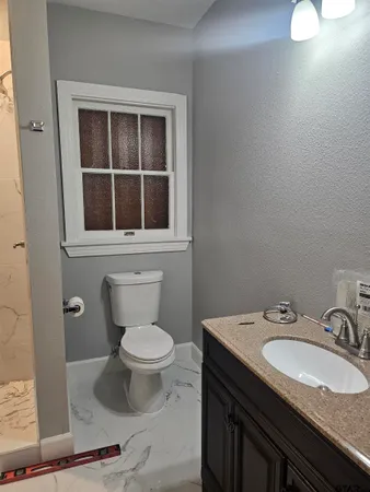 a bathroom with a granite countertop sink toilet and a mirror