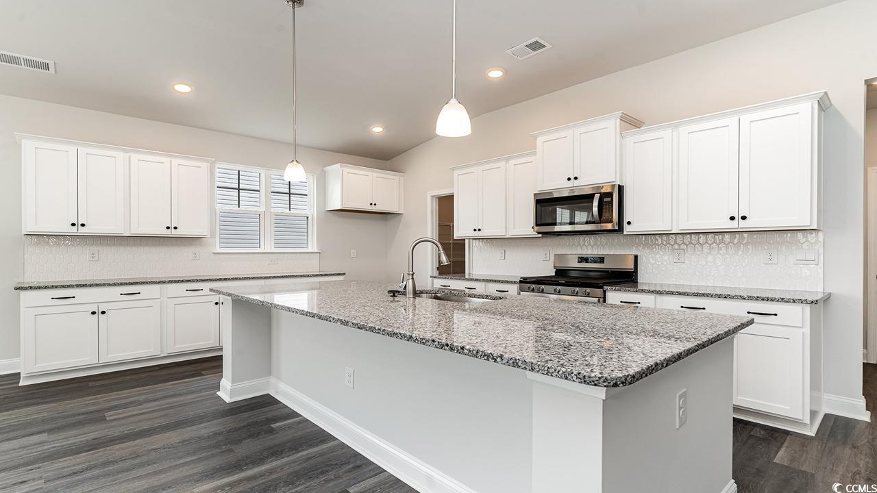 108 Fair Meadow Loris, SC 29569 - Photo 12 of 24 Kitchen with white cabinetry, dark wood-type flooring, an island with sink, stainless steel appliances, and sink