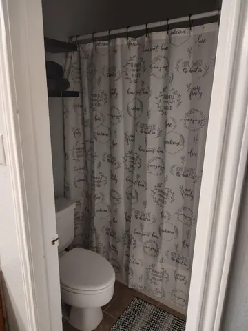 a bathroom with a shower curtain and a toilet