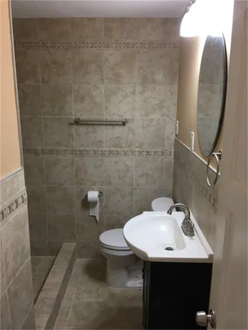 a bathroom with a sink a toilet and a mirror