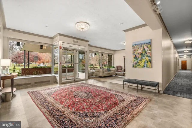 a living room with couch and a rug