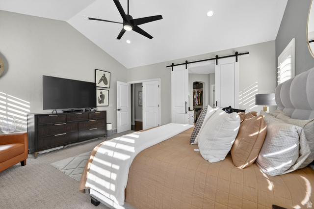 14738 Tangle Hill Road Herriman, UT 84096 - Photo 28 of 66 Vaulted ceiling bedroom featuring a modern black ceiling fan with integrated lighting, recessed lighting, and soft gray wall tones