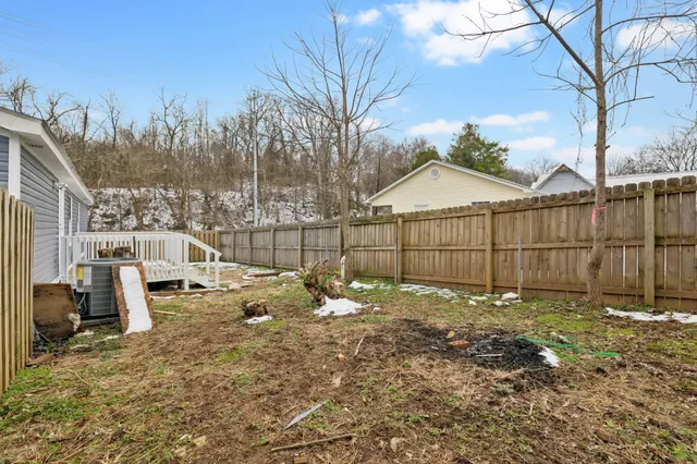 a backyard of a house with table and chairs