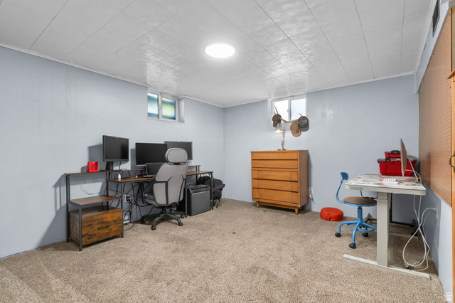 9902 South Poppy Lane Sandy, UT 84094 - Photo 18 of 25 Carpeted room featuring light blue panel walls and a white acoustic tile ceiling