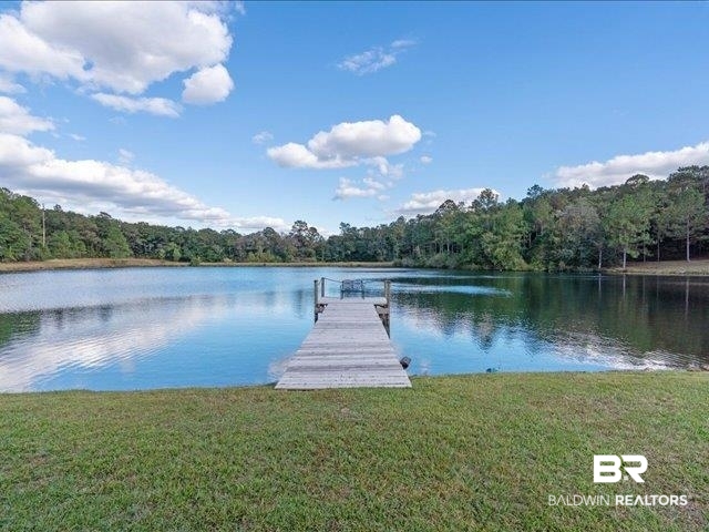 4650 Wiggins Lane Wilmer, AL 36587 - Photo 35 of 66 Dock area featuring a forest view, a water view, and a lawn