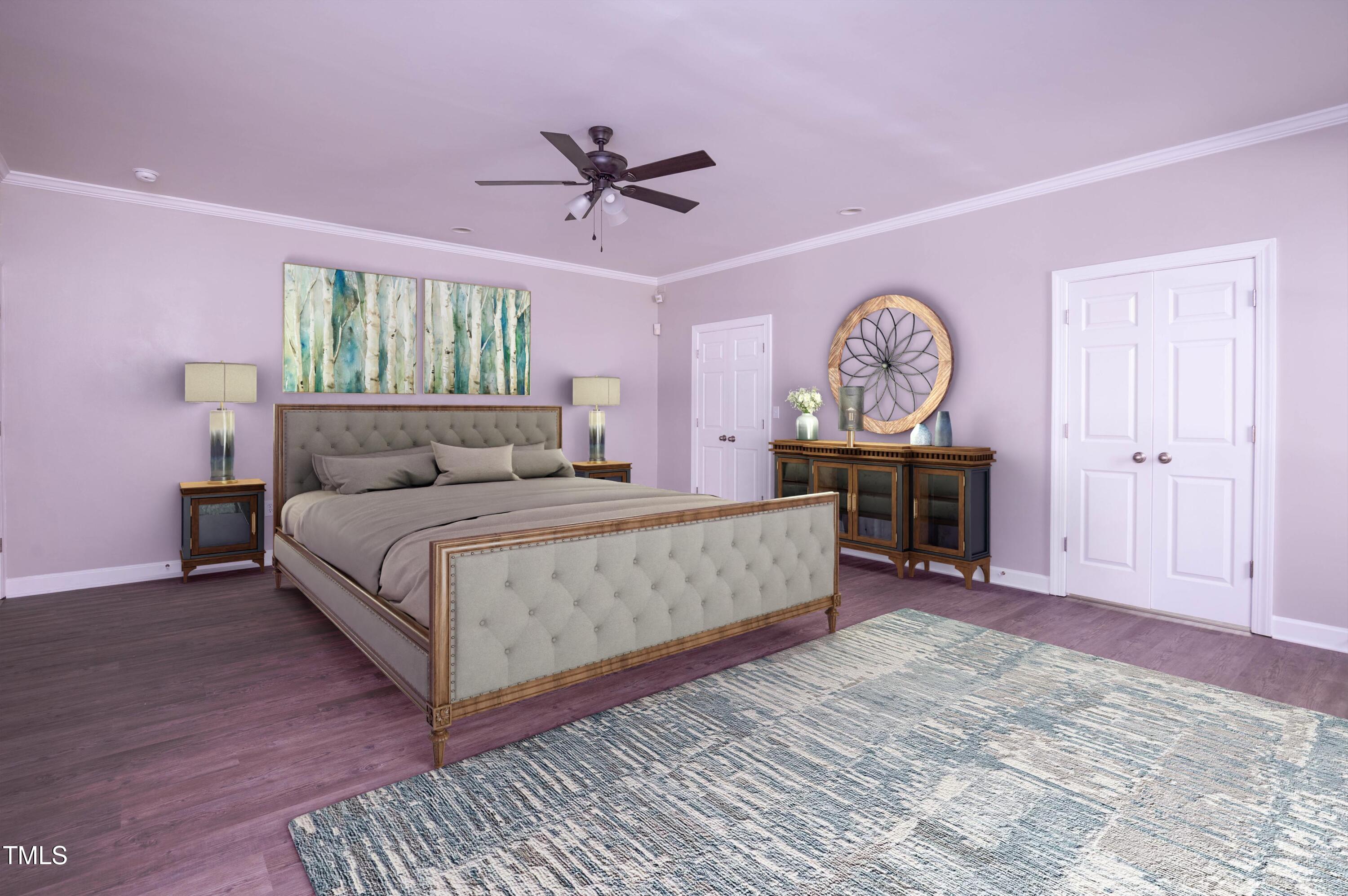 4222 Rogers Road Durham, NC 27703 - Photo 36 of 84 a bedroom with a bed a chandelier and dresser