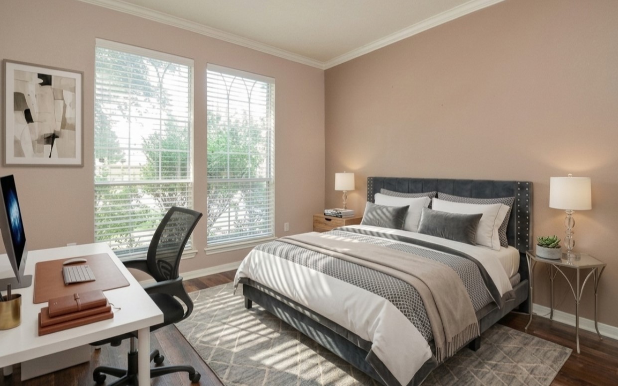 19802 Shavon Springs Drive Spring, TX 77388 - Photo 20 of 30 Elevate your comfort in this inviting bedroom featuring abundant natural light, elegant decor, and a versatile workspace. Virtually staged