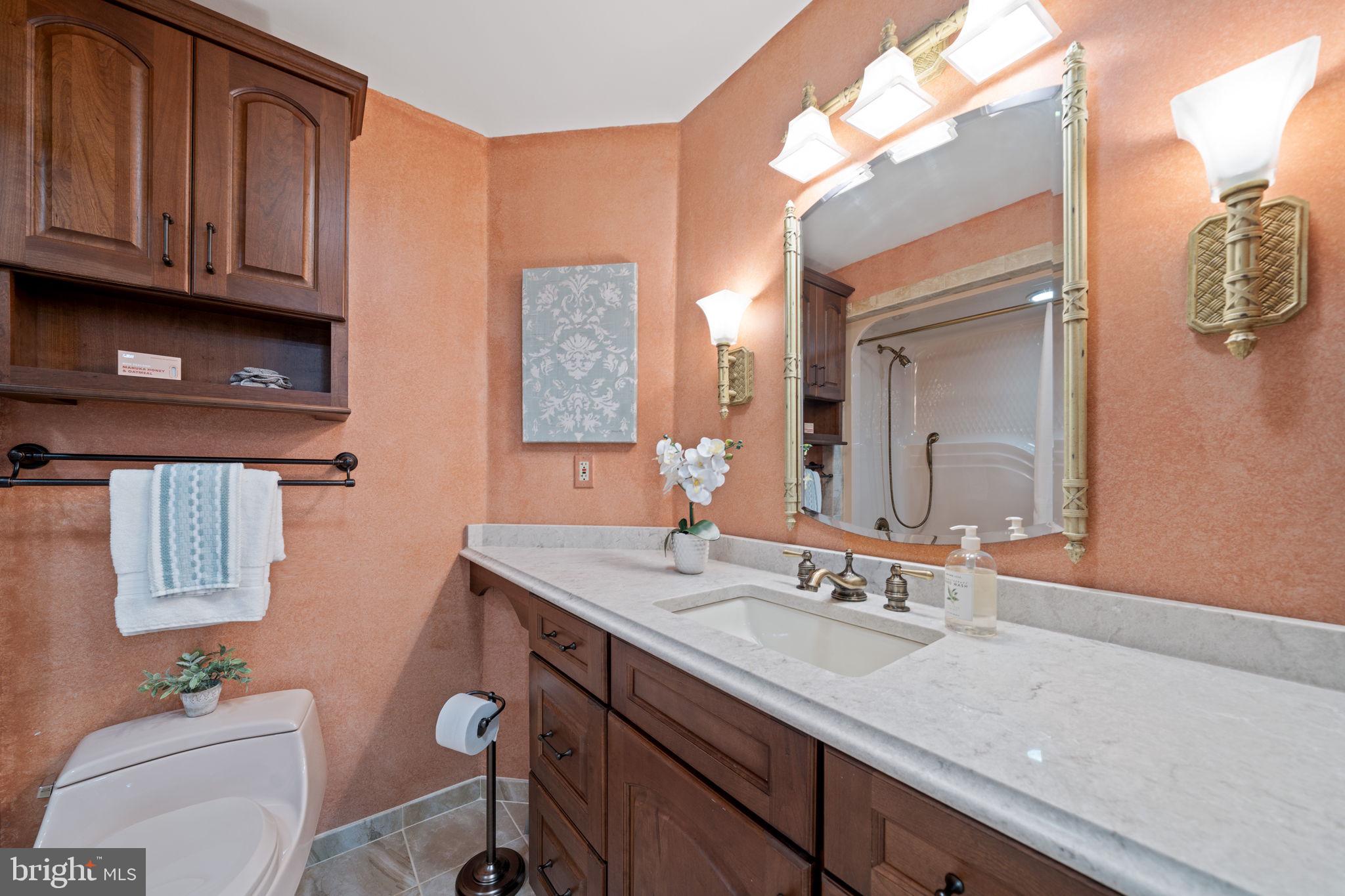 224 Laurel Heights Road Landenberg, PA 19350 - Photo 48 of 95 a bathroom with a granite countertop sink a toilet and a mirror