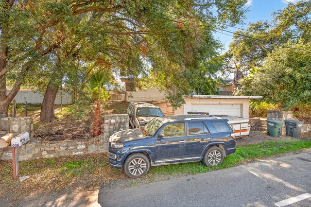 a view of a patio with table and chairs potted plants and large tree
