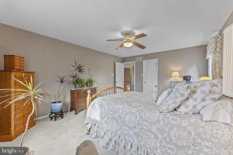 a bedroom with a bed a chandelier a chair and potted plant