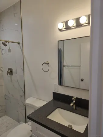 a bathroom with a sink and a mirror