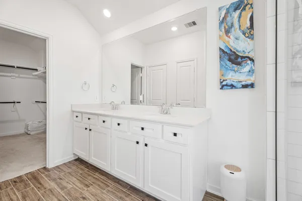 a bathroom with a sink mirror and a shower