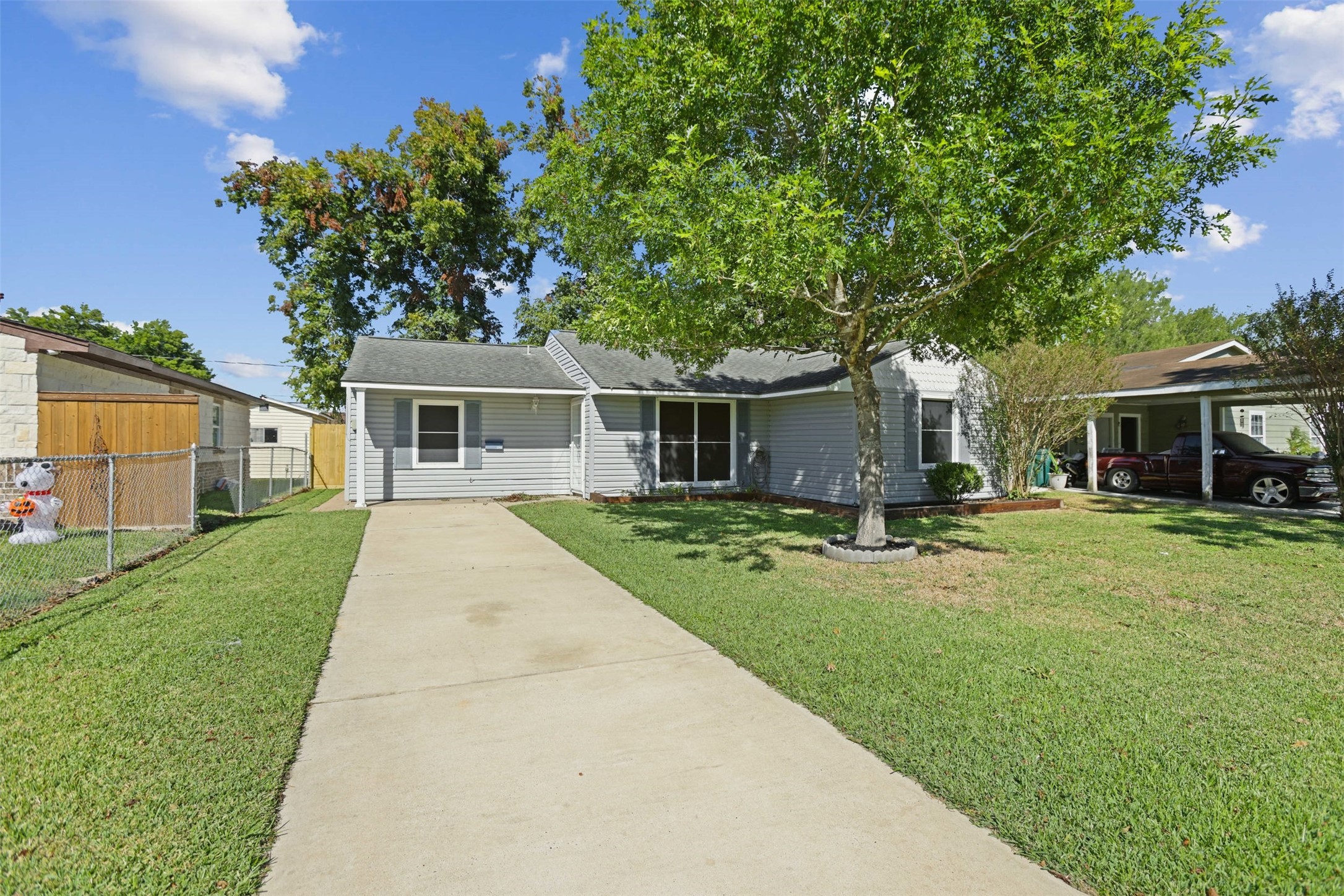 front view of a house with a patio