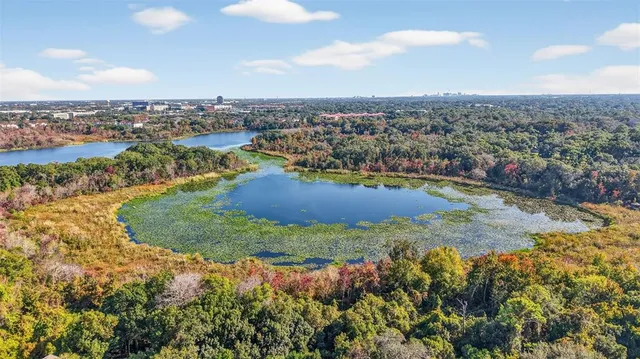 an aerial view of residential houses with outdoor space and trees