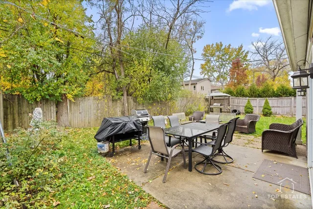 a view of a backyard with table and chairs and potted plants