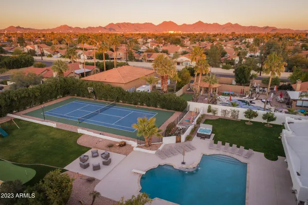an aerial view of a house with a garden