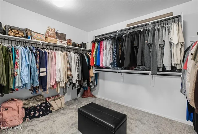 a view of walk in closet with clothes and shoes
