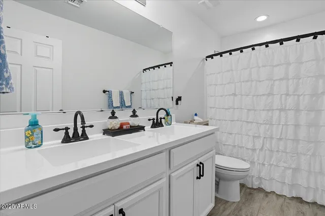 a bathroom with a double vanity sink toilet and a mirror