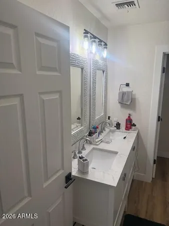 a bathroom with a sink and a mirror