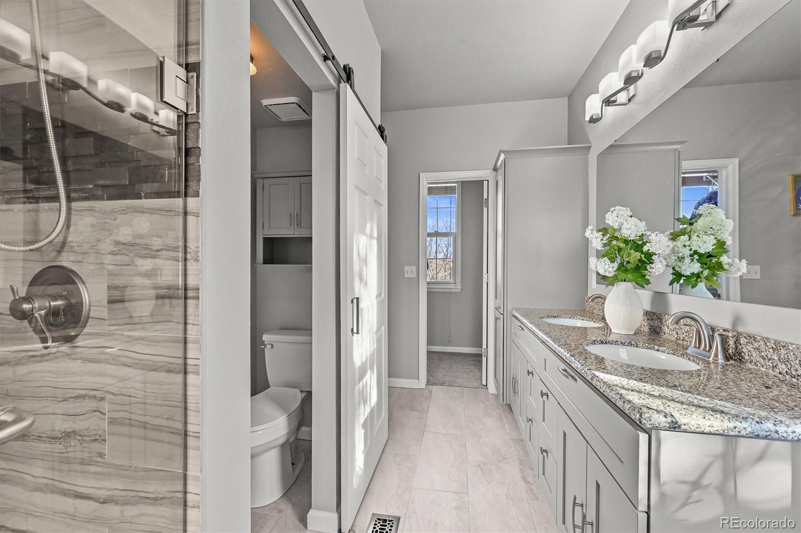 2249 Weatherstone Circle Highlands Ranch, CO 80126 - Photo 29 of 46 a bathroom with a granite countertop shower a sink and a mirror