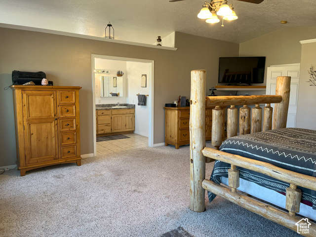 750 South Big Road Soda Springs, ID 83276 - Photo 35 of 40 Carpet flooring with an adjacent room featuring tile flooring and a vanity with a countertop and sink