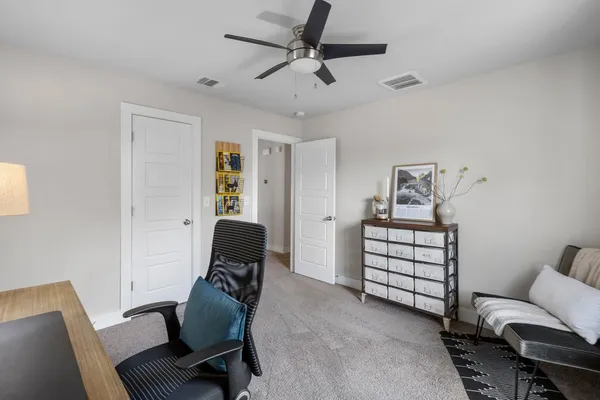 a room with a workspace