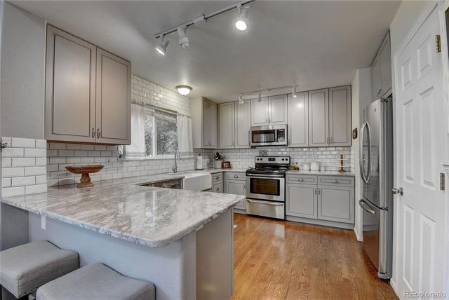 a kitchen with a sink microwave and refrigerator