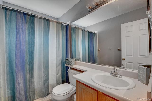 a bathroom with a sink a toilet a mirror and shower curtain