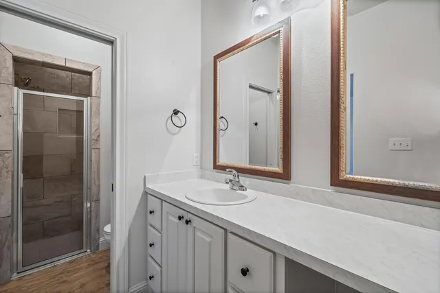 a bathroom with a sink and a mirror