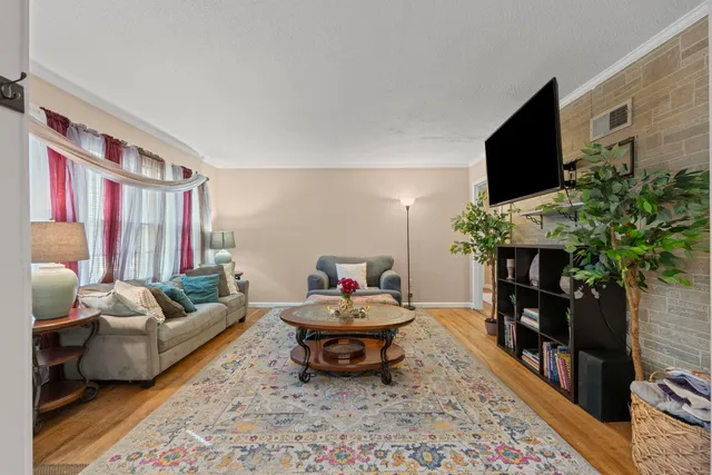 a living room with furniture a flat screen tv and a potted plant