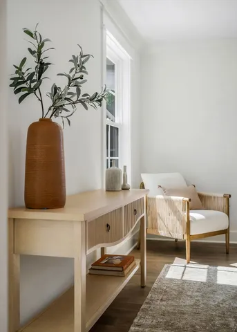 a living room with furniture and a potted plant