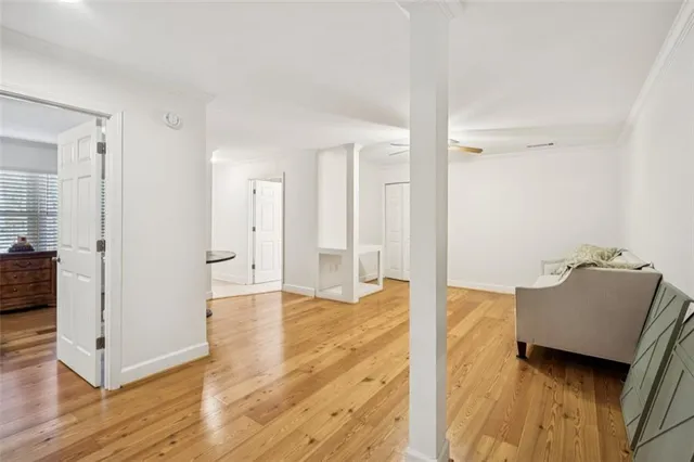 a view of a livingroom with wooden floor