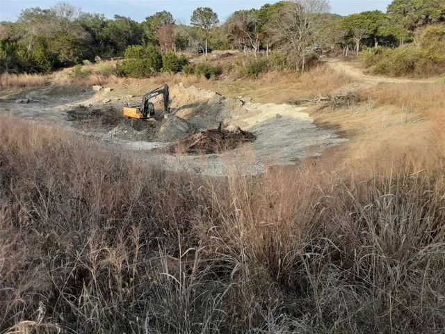 a view of a dry yard with green space