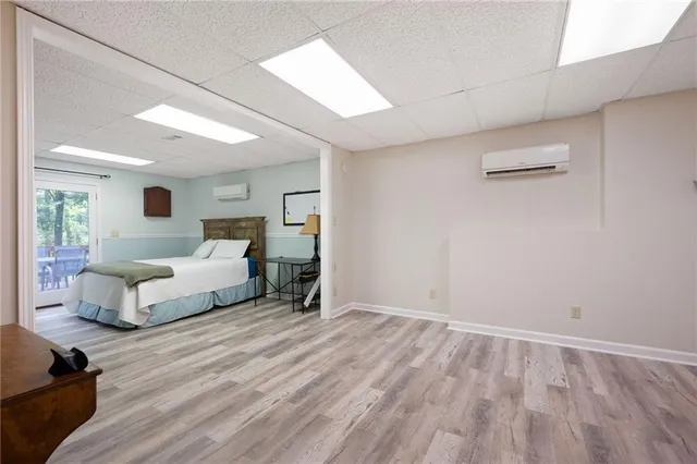 a room with a stove and a table