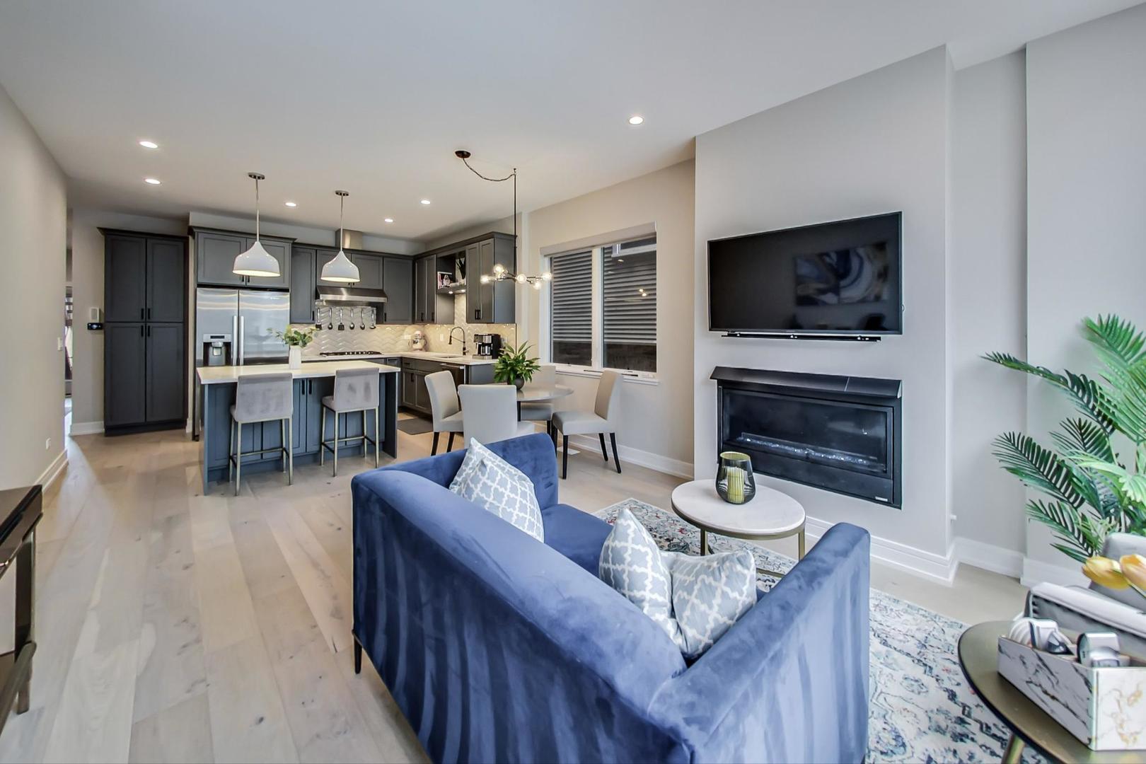 728 North Elizabeth Street, Unit 1 Chicago, IL 60642 - Photo 3 of 27 a living room with fireplace furniture and a flat screen tv