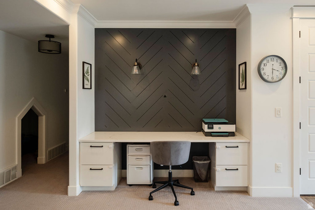 924 Country Lane Farmington, UT 84025 - Photo 54 of 91 Built-in desk featuring a light-colored countertop and integrated white cabinetry with black hardware