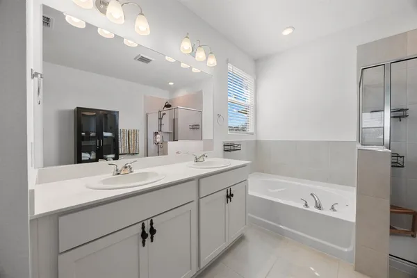 a bathroom with a tub a sink double vanity and mirror