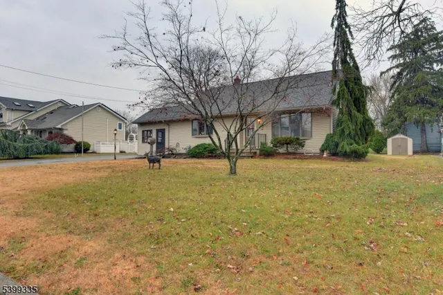 a view of a yard with a house in the background