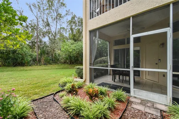 a garden view with a seating space