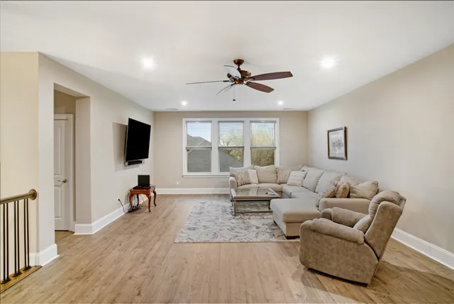 a view of a park with large trees