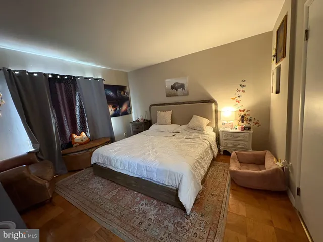 a bedroom with a bed a couch and a walk in closet