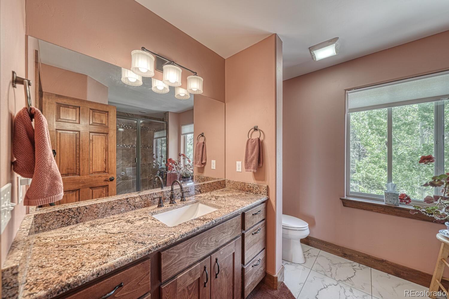 441 Kaufman Road Hartsel, CO 80449 - Photo 19 of 50 a bathroom with a granite countertop sink and a large mirror