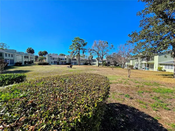 a view of a yard with yellow house