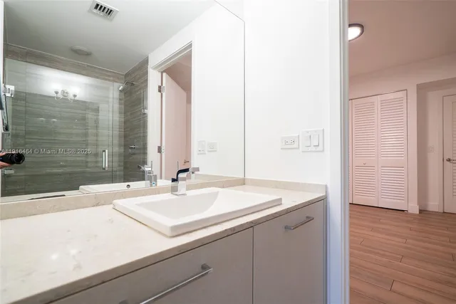 a bathroom with a sink and a large mirror