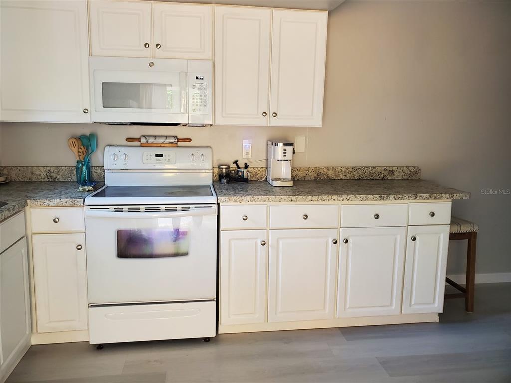 107 Springwood Square Port Orange, FL 32129 - Photo 17 of 36 a kitchen with granite countertop white cabinets and white appliances