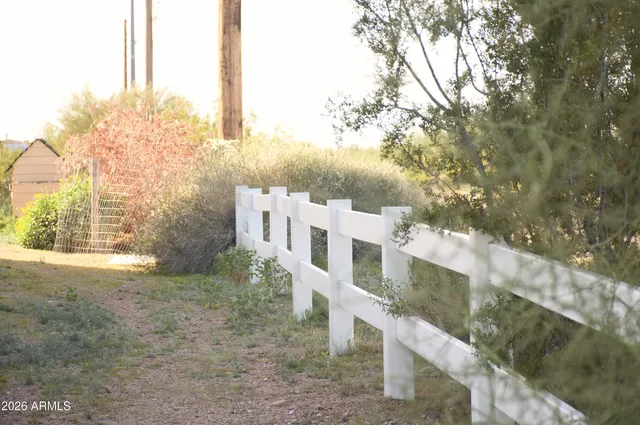 a view of a dry yard with wooden fence