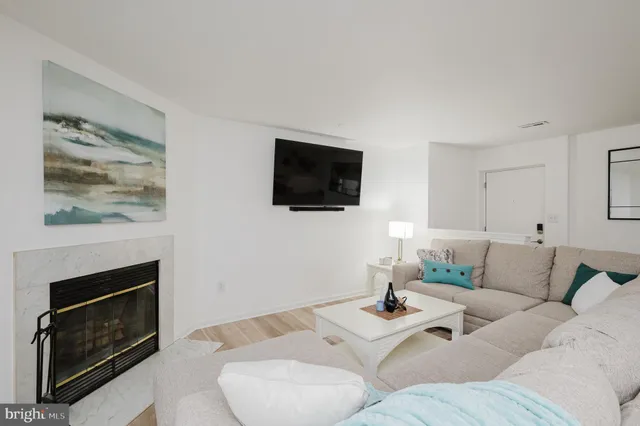 a living room with furniture a flat screen tv and a fireplace