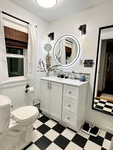 a bathroom with a sink a toilet and a mirror